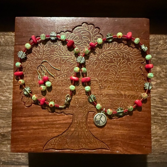 Peace Symbol Beaded Boho Necklace & Earring Set - Picture 2 of 8
